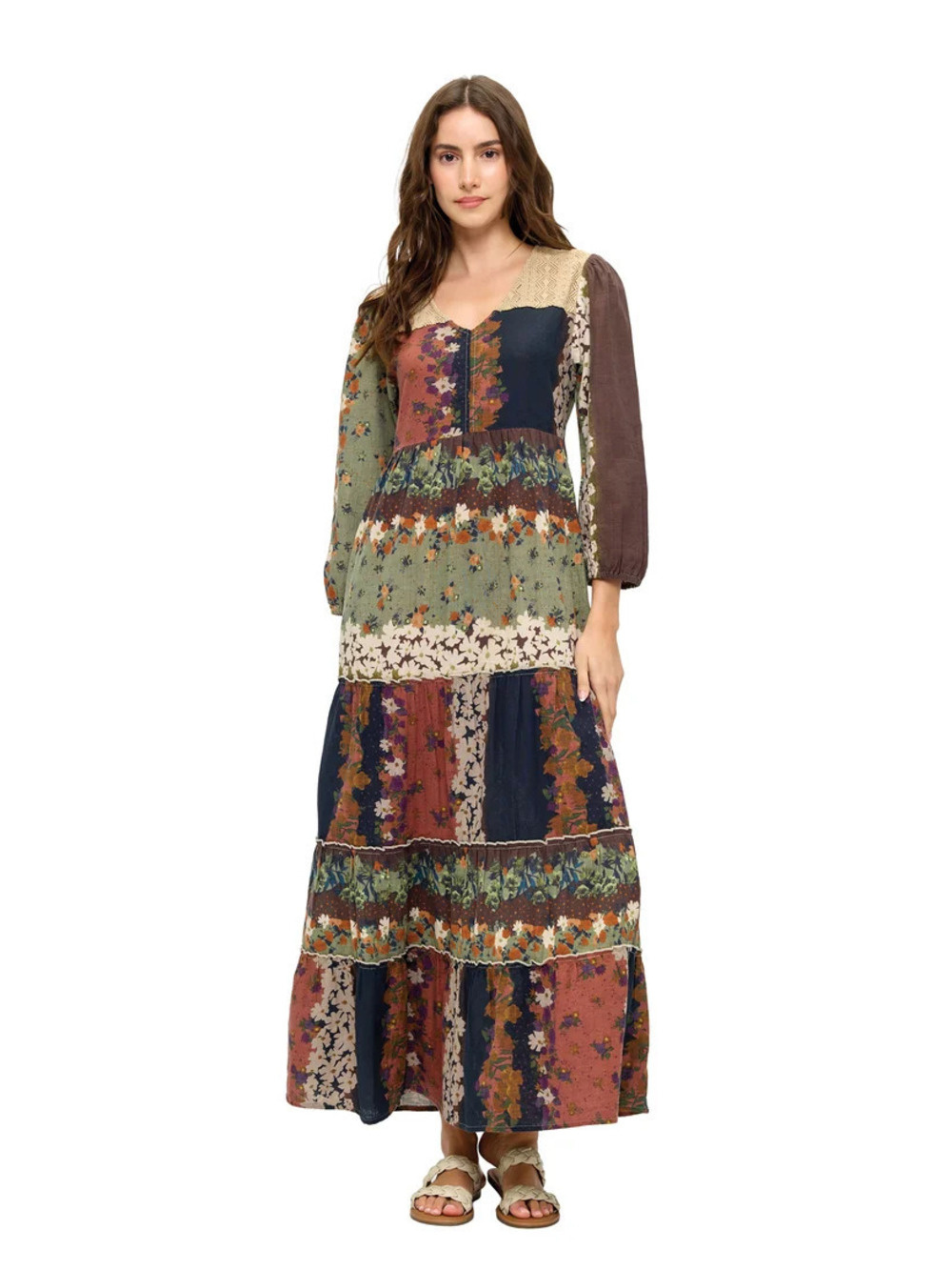26861 Green Multi | Yak & Yeti Boho Floral Tiered Maxi Dress | Sizes S-XL